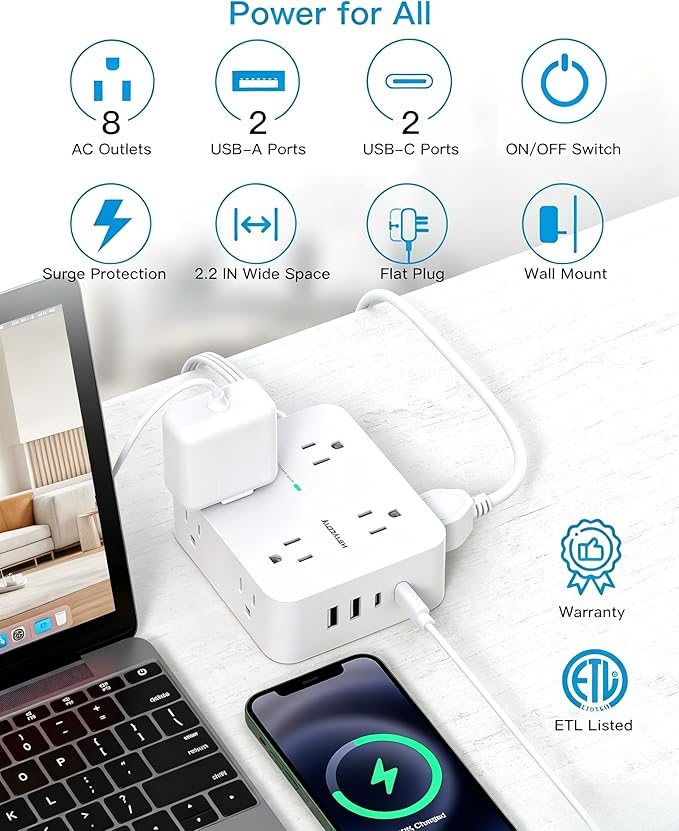 HANYCONY 25 Ft Extra Long Extension Cord with Ultra-Thin Flat Plug, 8 Widely Spaced Outlets & 4 USB Ports (2 USB C), 1080J Surge Protector Power Strip for Home, Office, Workshop, Wall Mount Design