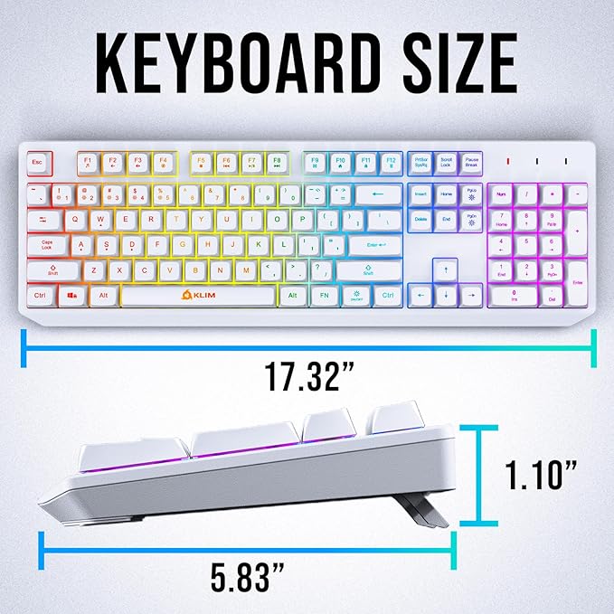 KLIM Chroma White Wireless Keyboard – RGB Backlit, Rechargeable Battery, Wireless Keyboard with Water-Resistant Durable Design, Compatible with PC, Mac, PS4, PS5