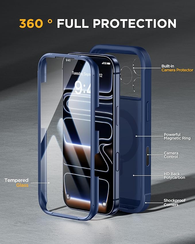 Miracase for iPhone 17 Pro Max Case with 360° Magnetic Ring Stand [Compatible with Magsafe] Full-Body Drop Proof Bumper Phone Case with Built-in 11H Tempered Glass Screen Protector,Blue