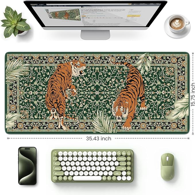 HAOCOO Large Gaming Mouse Pad, Desk Protector Mat with Stitched Edges, Non-Slip Keyboard and Mouse Pad, 35.4" x 15.7" Green Desk mat for Gamer, Water Resistant Mouse Pad Work from Home