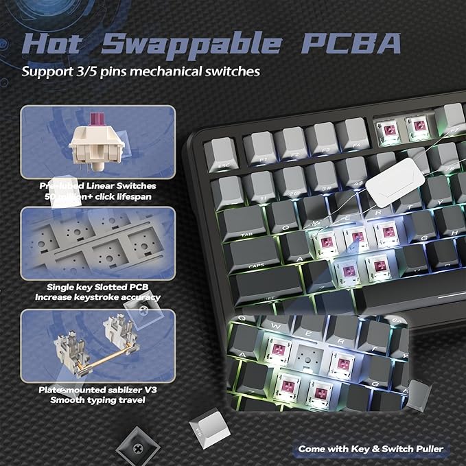 ATTACK SHARK X85 Pro Wireless Mechanical Gaming Keyboard with TFT Screen & Knob Hot-Swappable BT5.1/2.4Ghz/USB-C RGB Backlit Gasket Mount Gradient Side-Print PBT Keycaps for Win/PC/MAC-Moon Night