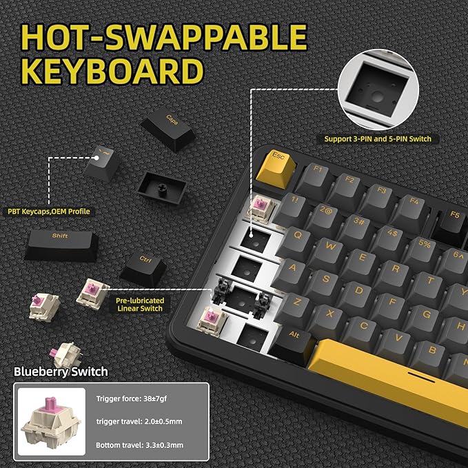 Yindiao X85PRO Wireless Mechanical Keyboard with TFT Screen Display&Knob, TKL 82 Keys BT/2.4GHz/USB-C Wired Hot Swappable Custom Keyboard,Gasket Structure,NKRO RGB Backlit Gaming Keyboard for PC