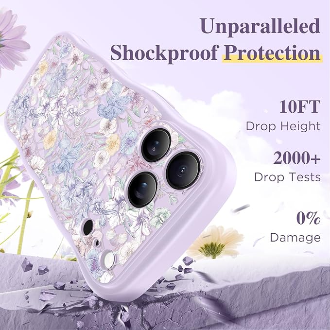 GVIEWIN for iPhone 17 Pro Case Compatible with MagSafe [Curly Wave Edge][Full Camera Protection] Floral Translucent Shockproof Magnetic Women Phone Case for iPhone 17 Pro 6.3'', Apricot Blossom/Purple