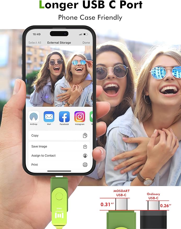 MOSDART 256GB USB C 3.2 Fast Speed C and A Dual Flash Drive, exFAT Memory Stick with Keychain and LED Indicator, for iPhone 15,16,17, Android Phone, iPad, MacBook, and Other Laptops, Green