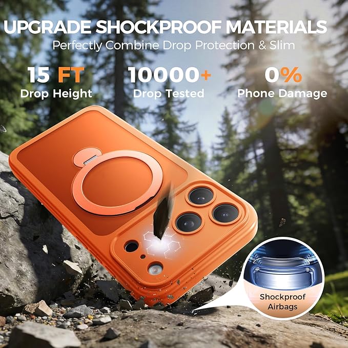 for iPhone 17 Pro Max Case [ 360° Spin Magnetic Stand] [Full Camera Protection] Compatible with Magsafe, 15FT Military-Grade Protection, Translucent Anti-Slip Phone Case 6.9'', Cosmic Orange