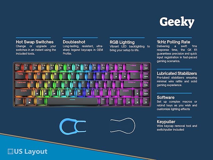 Geeky GK65 65% | Hot Swappable Mechanical Gaming Keyboard | 68 Keys Multi Color RGB LED Backlit for PC/Mac Gamer | ANSI US American Layout (Black, Mechanical Speed Yellow)