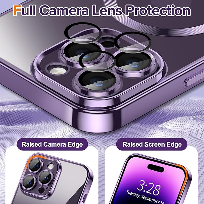 Hython Magnetic Clear for iPhone 14 Pro Max Case with Camera Lens Protector [Compatible with MagSafe] Plating Edge Slim Soft TPU Cover Protective Phone Case for iPhone 14 Pro Max 6.7", Deep Purple