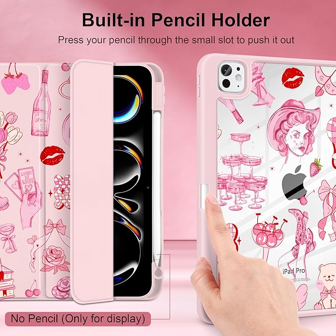 Case for iPad Pro 11 Inch (M5 2025 M4 2024) – [Built-in Pencil Holder], Shockproof & Stylish, Clear Hard Back + Soft TPU Edge, Magnetic Trifold Stand, Auto Wake/Sleep, Cowgirl Pink