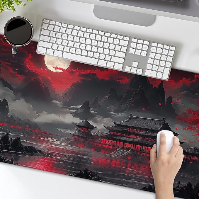 Riverside Full Moon Desk Mat Japanese Desk Pad Black Red Large Mouse Pad Gaming Mousepad 31.5"x11.8" Extended XXL Keyboard Pad Japanese Laptop Pc Computer Mouse Keyboard Mat for Home Office Work Game