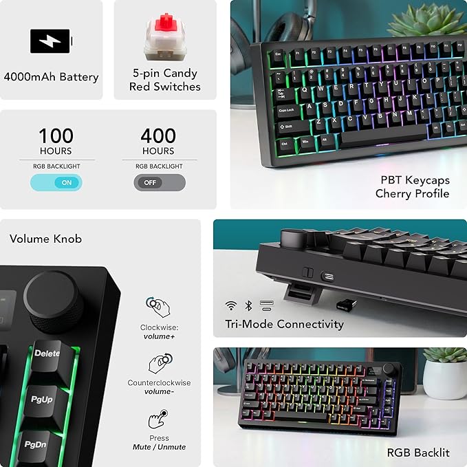 TECWARE Spectre 75 Mechanical Gaming Keyboard | Customizable LCD Screen Display & Knob | Tri-Mode Wireless Bluetooth 2.4GHz | Gasket Mount Hot Swappable | Black Candy Red Linear Switches