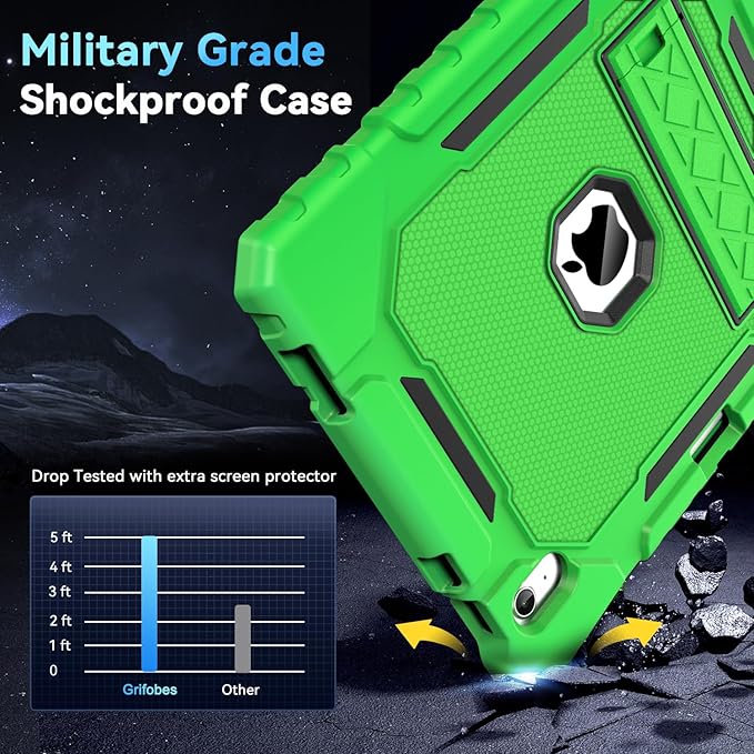Grifobes for iPad A16 Case 11th Generation 11 inch 2025 / iPad 10th Generation Case 10.9 inch 2022, Heavy Duty Military Grade Shockproof Cover with Pencil Holder for i Pad 11/10 Gen (Green)