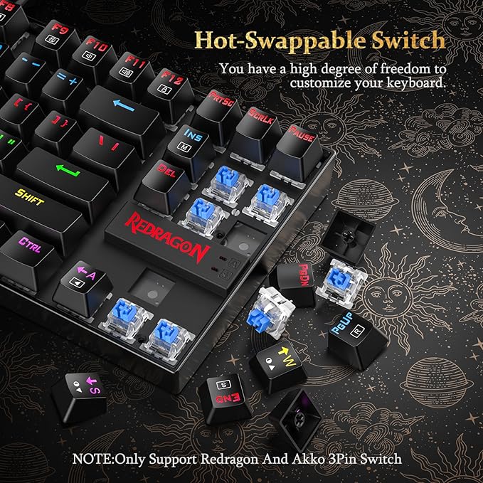 Redragon K552P Mechanical Gaming Keyboard TKL with 18 Backlight Modes, Hot-Swappable Red Switches, 87-Key Compact Ergonomic Design, N-Key Rollover & Software Programmable Macro - RGB, Black