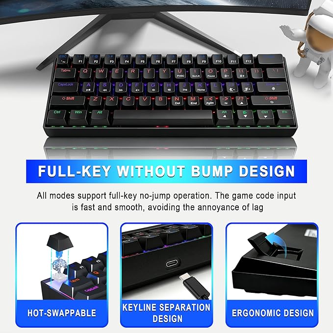 60% Mechanical Gaming Keyboard, RGB Backlit Ultra-Compact 61 Keys Wired Mini Keyboard, Anti-Ghosting, Portable Small Keyboard for PC, Mac, Laptop, Office & Gaming, Black