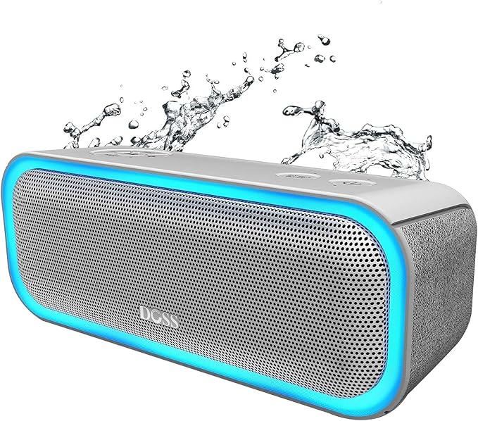 DOSS SoundBox Pro Bluetooth Speaker, 20W Stereo Sound, Active Extra Bass, 20H Playtime, Multi-Color Lights, IPX6 for Home, Outdoor, Party, Christmas and White Elephant Gift for Men, Women, Teen-Grey