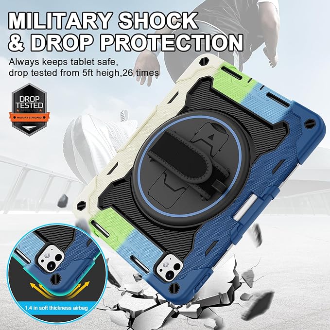iPad Pro 11 Inch Case M5 2025/M4 2024, Heavy Duty Shockproof Protective Case with Screen Protector, 360° Rotating Stand Hand Strap Shoulder Strap Kids Cover Apple Pencil Holder
