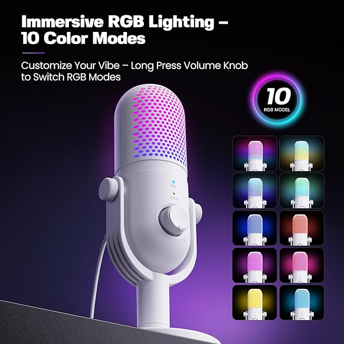 USB Microphone for PC Gaming: Condenser Microphone RGB for Gamer with Stand Mic - Recording Mic for Computer&Laptop with Qiuck Mute - Desk Podcast Mic for Podcast & Singing & Streaming & Youtube White