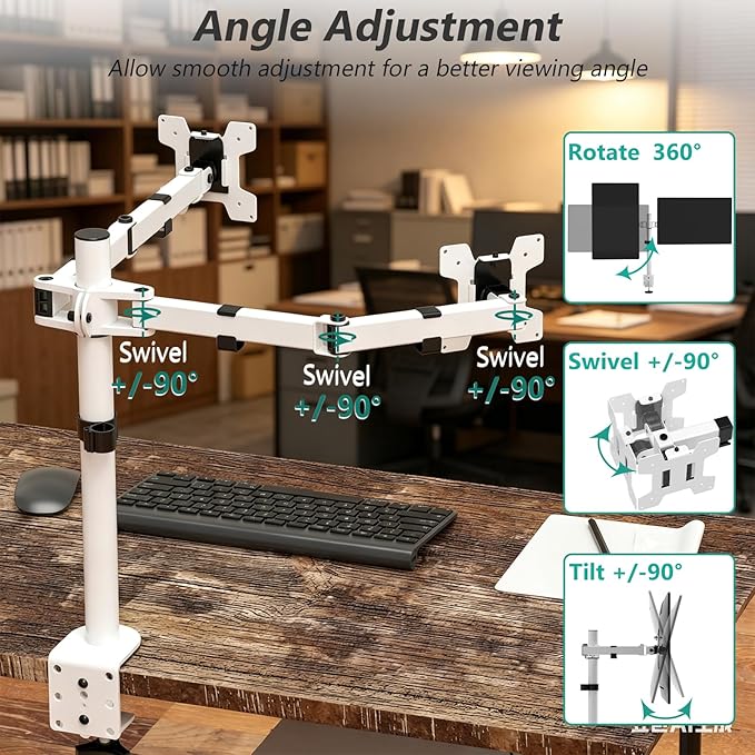 Mount Stand Fits 2 Screens up to 27 inch, 22 lbs. Weight Capacity per Arm (M002-W), White