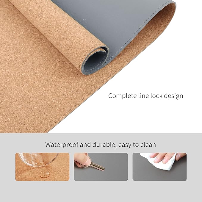 RENMTURE Dual-Sided Mouse Pad, Natural Cork & PU Leather Large Desk Pad for Office and Home Work, Desk Protector Non-Slip, Waterproof, Easy Clean (Gray, 36"x17")