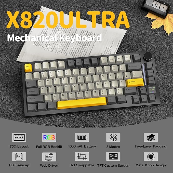 ATTACK SHARK X820 Ultra 75% Wireless Gaming Mechanical Keyboard Hot-Swappable Gasket Mount RGB Backlit BT/2.4G/Wired Custom Keyboard with Smart TFT Display&Knob QMK Driver-Star Black&Shark Switch