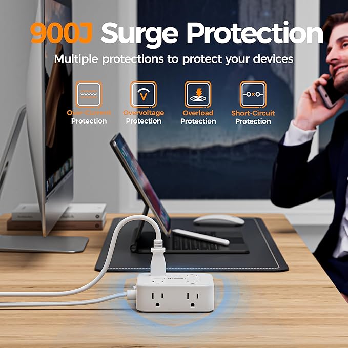 TESSAN Surge Protector Power Strip, 5 Ft Flat Plug Extension Cord with 3 USB (1 USB C) 8 Outlets, 1250W, 900J Protection, 3 Sided Outlet Extender with Power Switch for Office, Dorm Room, White
