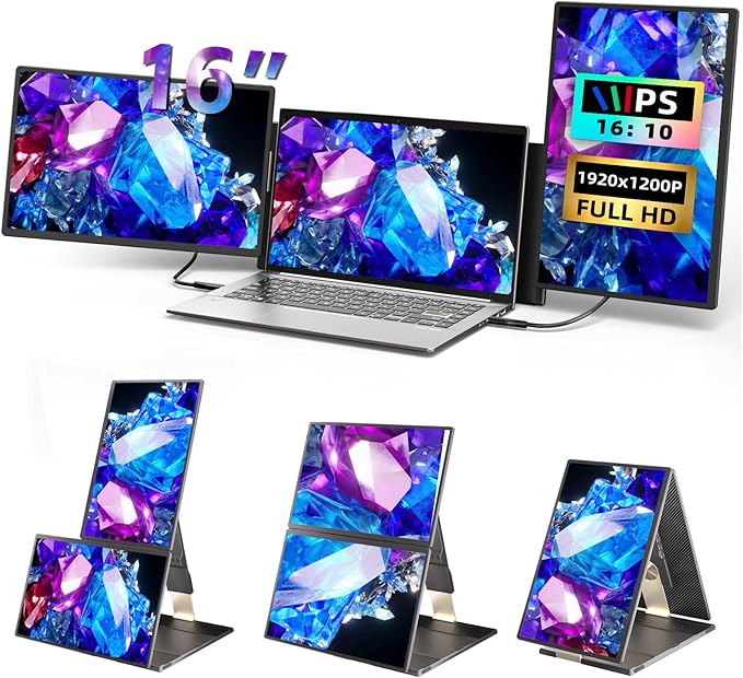 Laptop Screen Extender 16 inch - Triple Laptop Monitor Extender Detachable FHD 1920x1200P IPS 235° Rotation Extra Portable Monitor Compatible with 13”-17” Mac Wins Dex Chrome