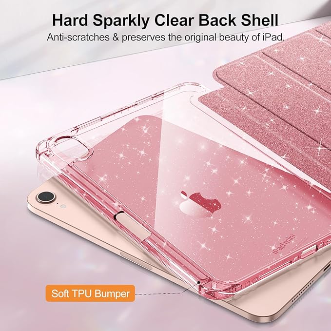 Fintie Slim Case for iPad Mini 7 (A17 Pro, 7th Generation) 2024 / iPad Mini 6 (6th Gen) 8.3 Inch - [Built-in Pencil Holder] Glittering Sparkly Shockproof Cover w/Shiny Clear Back Shell (Rose Gold)