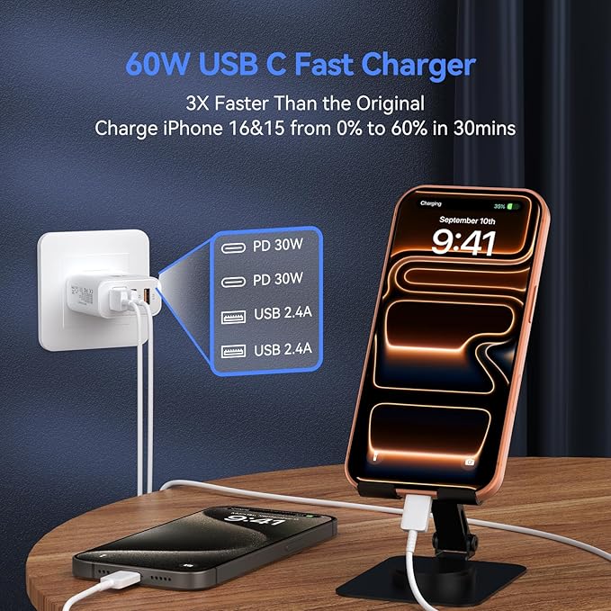 USB C Wall Fast Charger Block, 60W 4-Port Type C Charger Fast Charging Blocks +QC 3.0 USB C Multiport Charger Brick for Phone 16/15/14/13/12 Pro Max, Pad, Galaxy S24/23