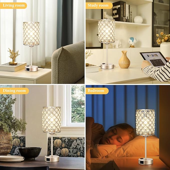 Hong-in Champagne Gold Lamps for Night Stands-Crystal Table Lamp with USB-C+A & AC Charging Ports, 3-Way Dimmable Nightstand Touch Lamp, Bedside Desk lamp for Bedroom Living Room Home Office