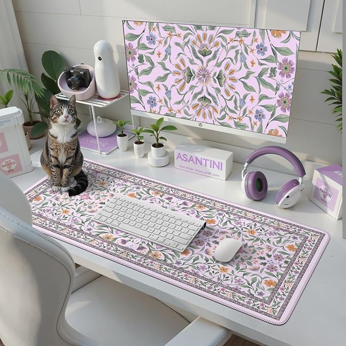 iLeadon Desk Matt for Desktop, Purple Mouse Pad for Keyboard, Floral Gaming Desk Mat with Non-Slip Base, Stitched Edges Large Keyboard Mat 35.4x15.7 Inch for PC & Home Office (Purple)