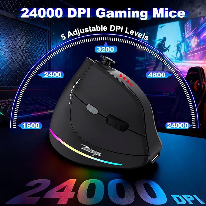 TRELC Wireless Gaming Mouse with 5 D Rocker, 24000 DPI/11 Programmable Buttons, Ergonomic Mouse for 2 Devices Connection (BT+2.4GHz), Vertical Rechargeable Mice for PC/Laptop/E-Sports/Gamer (Black)
