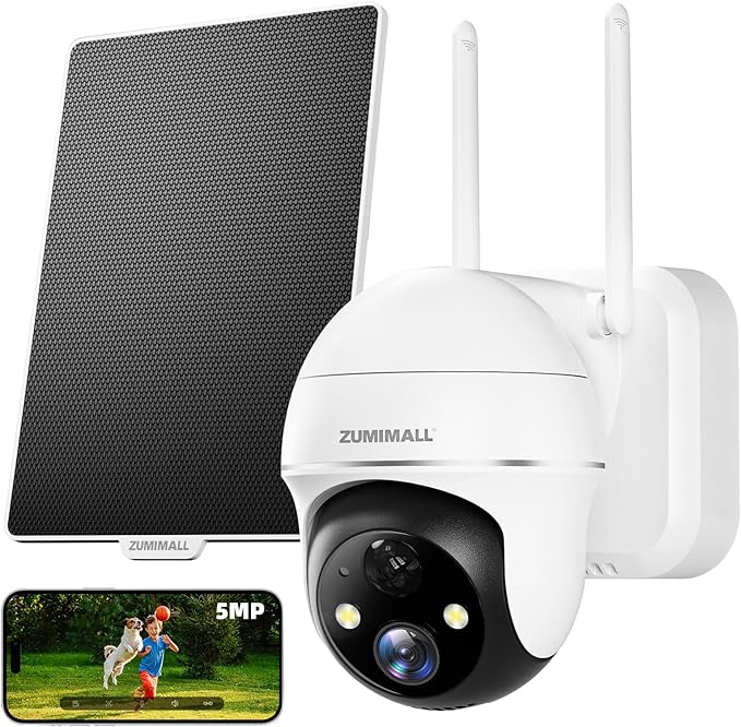 ZUMIMALL 5MP Solar Security Cameras Wireless Outdoor, Solar Powered Cameras for Home Security with 360° View, Color Night Vision, 2-Way Talk, AI Motion Alert, Siren, CloudEdge App Supported
