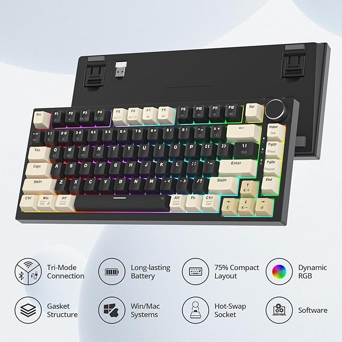 400PRO 75% Wireless Creamy Mechanical Keyboard Black, Gasket Hot Swappable RGB Gaming Keyboard, Bluetooth/2.4GHz/USB-C Thocky Keyboard with Pre-lubed Cream Grey Switches (82 Black)
