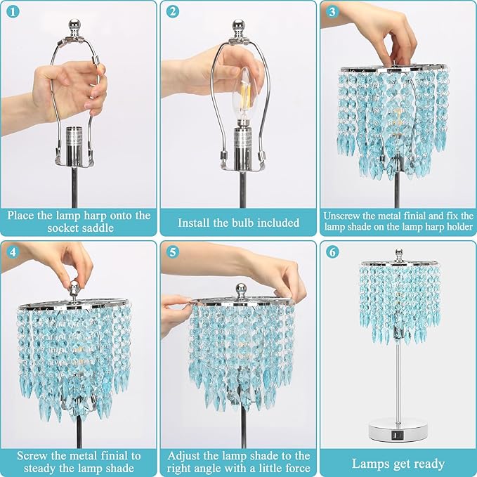 Crystal Table Lamp with Touch Control and Dual USB Ports - 3-Way Dimmable Bedside Light with Teal Lamps Shade for Living Room Bedroom, Elegant Home Decor - LED Bulb Included