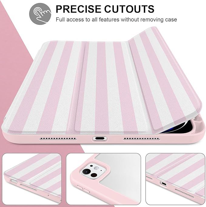 Case for iPad Pro 11 inch (M5) 2025 (M4) 2024 Release with Pencil Holder -Cute Pink White Striped Trifold Cover with Clear Back Auto Sleep/Wake, Aesthetic Soft Protective Skin for Girls Women