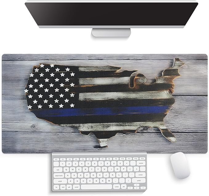 Large Gaming Mouse Pad (31.5" x 15.8") - Vintage Thin Blue Line Map Police Service USA Patriotic Flag Rustic Wood Design, Extended XXL Office Decor, Premium Stitched Anti-Slip Desk Mat