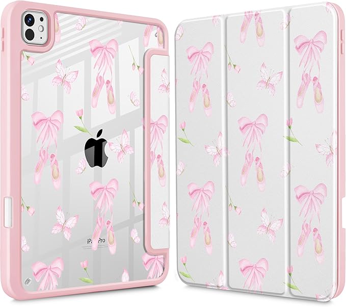 May Chen Case for iPad Pro 11-Inch M5/M4 2025/2024 (6th/5th Generation), [Penceil Holder] Trifold Stand Auto Wake/Sleep Clear TPU Protection Back Cover, Ballet Shoes