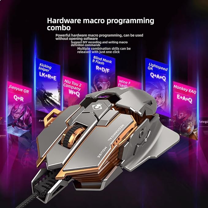 Professional Gaming Mouse, 12800 DPI Optical Sensor, RGB Lighting, Aluminum Chassis, Golden Gray, with Macro Programming and Retractable Wing
