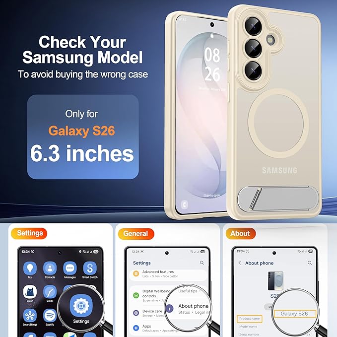 Magnetic for Samsung Galaxy S26 Case, [Compatible with MagSafe][Full Camera Protection][Built-in Invisible Kickstand] Translucent Matte Phone Case for S26 6.3" - White