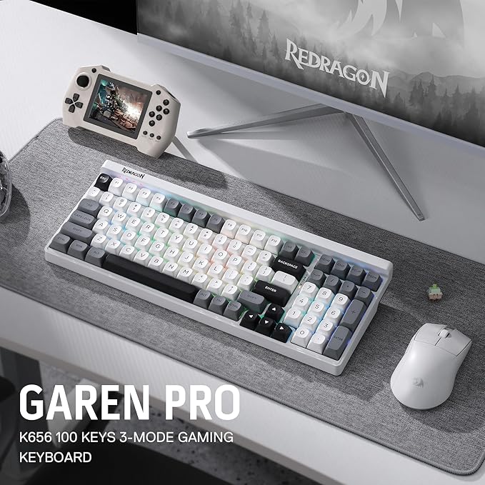Redragon K656 PRO 3-Mode Wireless RGB Gaming Keyboard, 100 Keys Mechanical Keyboard w/Hot-Swappable Socket, 3 Noise Dampening Layers, PBT Round Keycaps & Custom Linear Switch, Moondust Gray