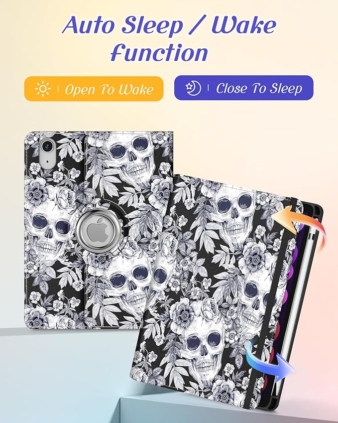 Kidcube for iPad mini 7 Case A17 Pro 2024, for iPad mini 6th Generation Case 8.3 Inch - Women Girls Cute Rotating Stand Folio Cover with Pencil Holder & Card Slot Flowers Goth Skull Unique Cover