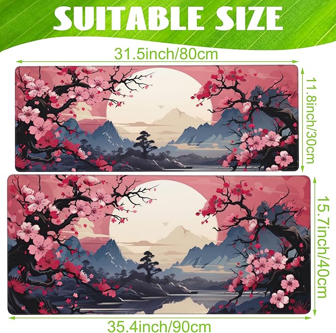 Desk Pad,Pink Cherry Blossom Tree Desk Mat,Mountains and Sun Large Gaming Mouse Pad for Desk,Extended Big Computer Keyboard Mouse Pad with Non-Slip Base and Stitched Edge,35.4"x15.7"