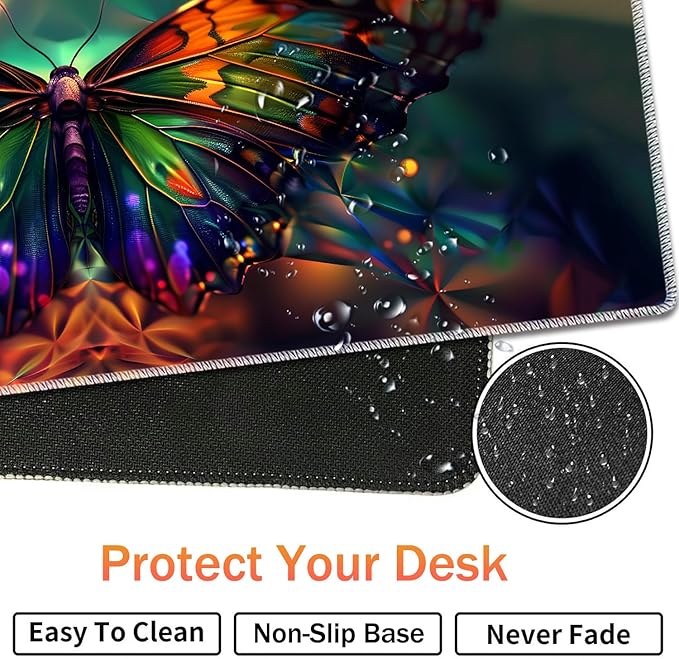 Extended Non-Slip Mouse Pad + Mouse Wrist Rest + Lace-Shaped Coaster Set, Ergonomic Design, Suitable for Desk and Home Gaming Table Mat, Psychedelic Butterfly