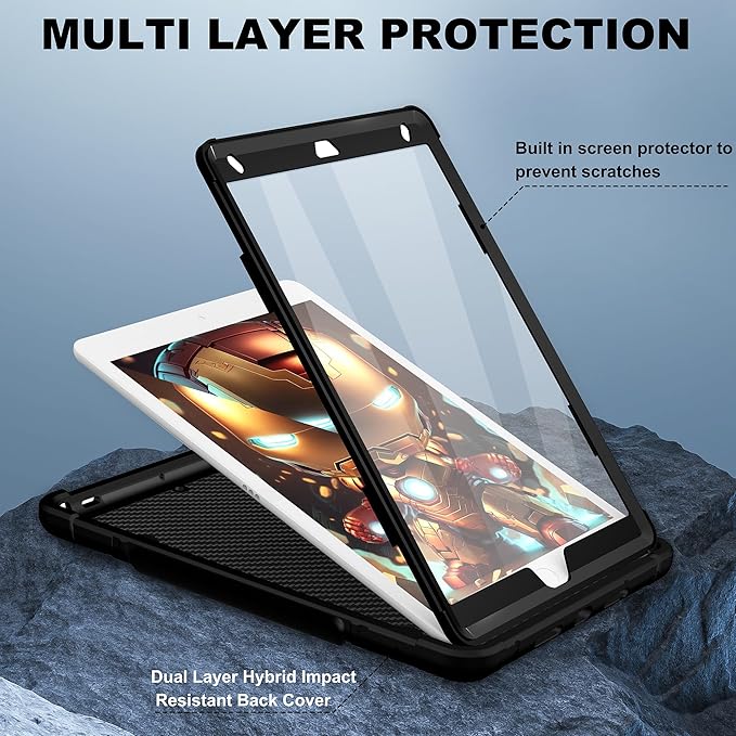 Andnary Case for iPad 9th/8th/7th Generation 10.2 inch, Heavy Shockproof Cover with Screen Protector/180° Rotating Handle/Bracket/Pen Holder/Shoulder Strap, Kids Case for 2021/2020/2019 (D-Black)