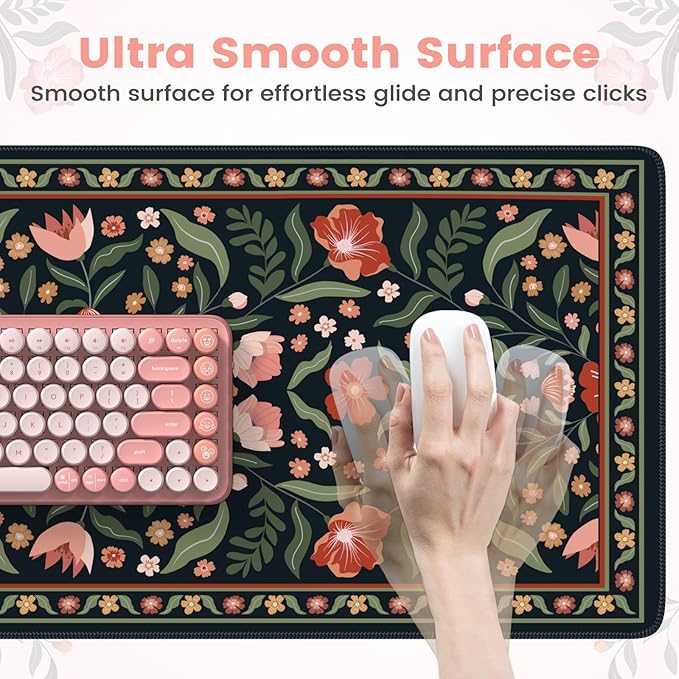 iLeadon Cute Desk Cover Mat, Extended Floral Stitched Edges Desk Pad for Keyboard and Mouse, Soft Large Gaming Mouse Pad, Non Slip Desks Blotter Mat for Office Home (Black)