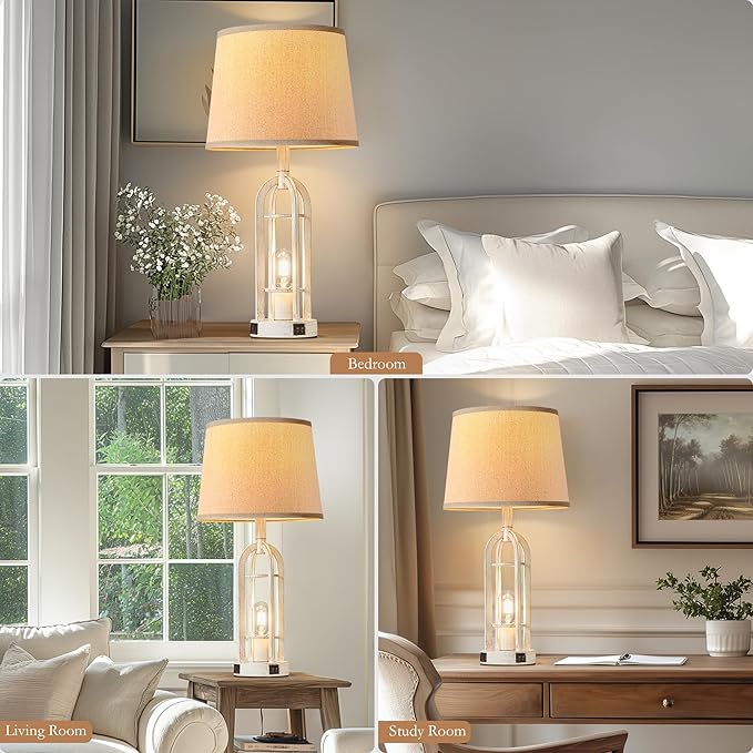 SRJJA Farmhouse Table Lamps for Living Room Set of 2 - Rustic Industrial Bedside Lamps for Bedroom Nightstand with Nightlight and USB A+C, 4 Bulbs Included