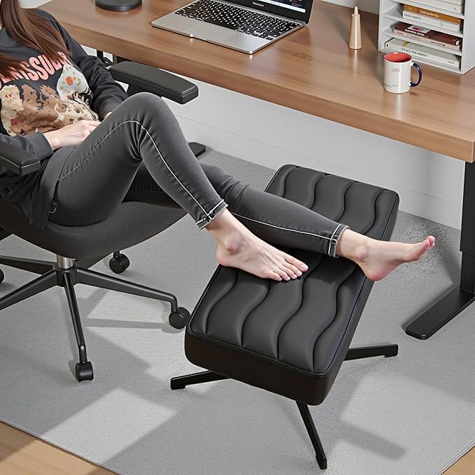 VECELO Under Desk Footrest, PU Ergonomic Foot Rest with Comfort Padding, Height Adjustable for Relieving Leg Pain, Stiffness, and etc, Black