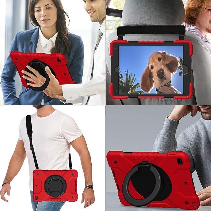 Andnary Case for iPad 9th/8th/7th Generation 10.2 inch, Shockproof Cover with Screen Protector/360° Rotating Handle/Bracket/Pen Holder/Shoulder Strap, Kids Case for iPad 2021/2020/2019 (Red+Black)