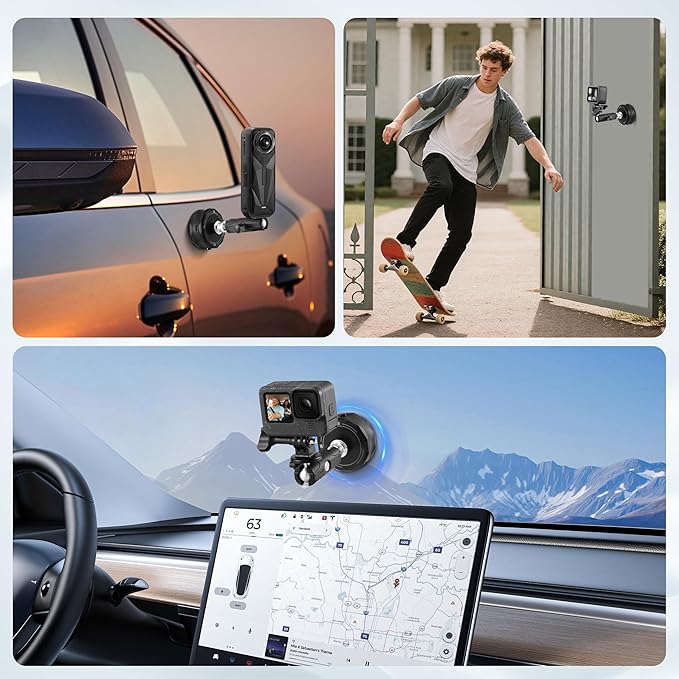 Electric Suction Cup Mount for Insta360 X5 X4 for GoPro 13 12 11 10, Strong Magnetic Vacuum Suction Camera Mount with 1/4 Thread for Action Camera Accessories, Quick Release Button, Phone Metal Ring