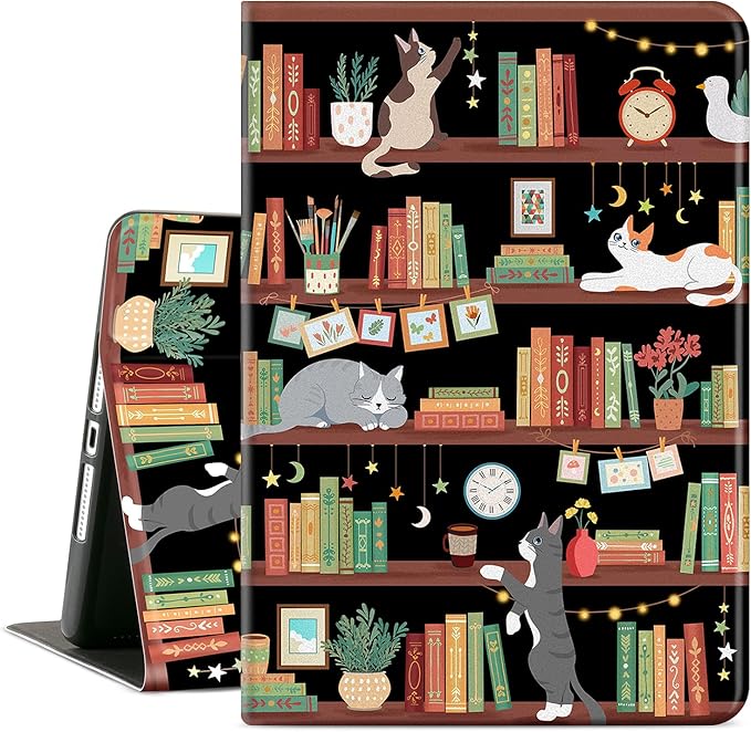 iPad 10.2 Case for iPad 9th Generation, iPad 8th Generation Case, iPad 7th Generation Case Kids Men Women Multi-Angle View Adjustable Stand Auto Wake/Sleep, Bookshelf Cat