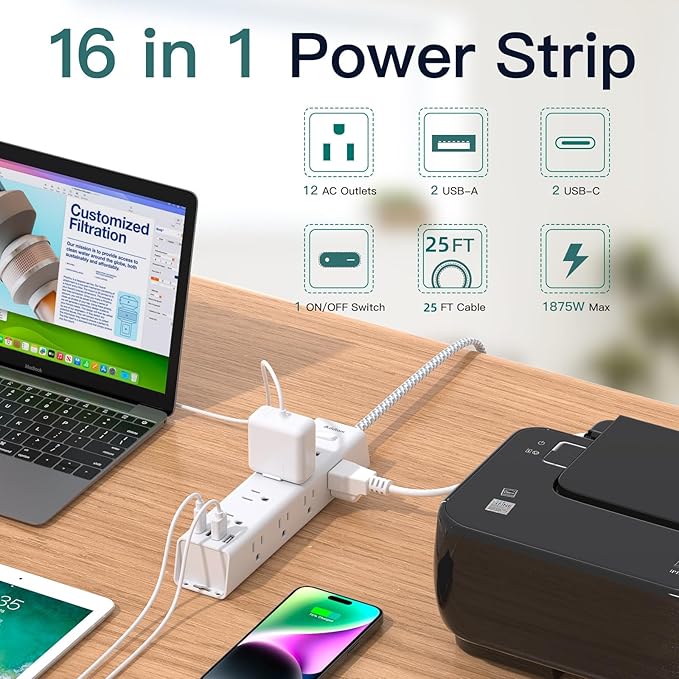 Addtam Power Strip Surge Protector with 12 AC Outlets & 4 USB Ports, 25FT Extra Long Extension Cord, Flat Plug Wall Mount, 1050J, Outlet Extender for Garage Workshop Basement Office, ETL Listed, White
